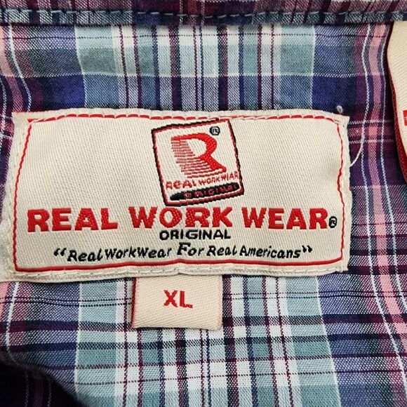 Real Work Wear Men Shirt Size XL Pearl Snap Green Blue Plaid Short Sleeve Pocket - Picture 7 of 9
